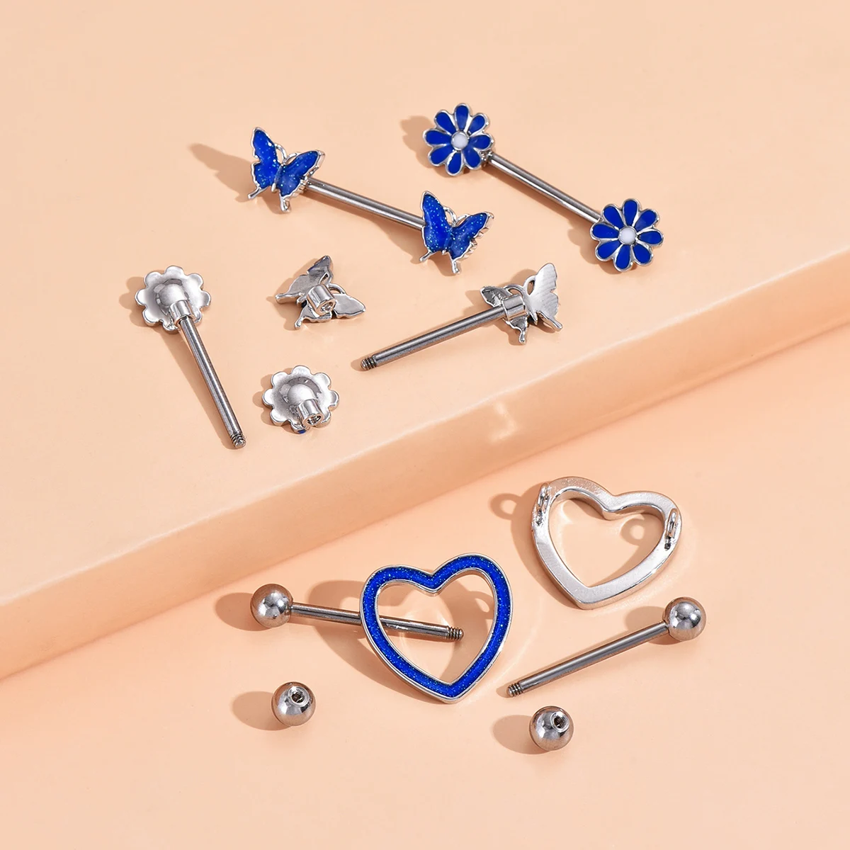 3 Pairs Nipple Ring Sets Stainless Steel Butterfly Flower Heart Crystal Nipple Piercings Pack Blue Pink Zircon Shield Barbell