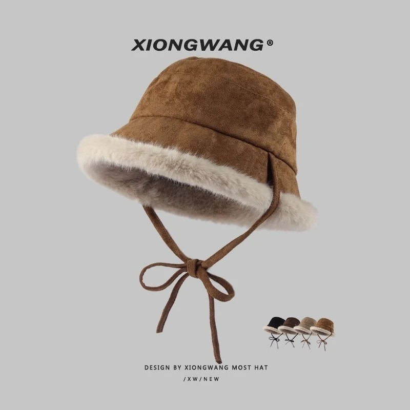 

Замшевые панамы в стиле ретро с утолщенным плюшевым ремешком для женщин, осенне-зимние теплые универсальные повседневные мужские кепки для путешествий на открытом воздухе