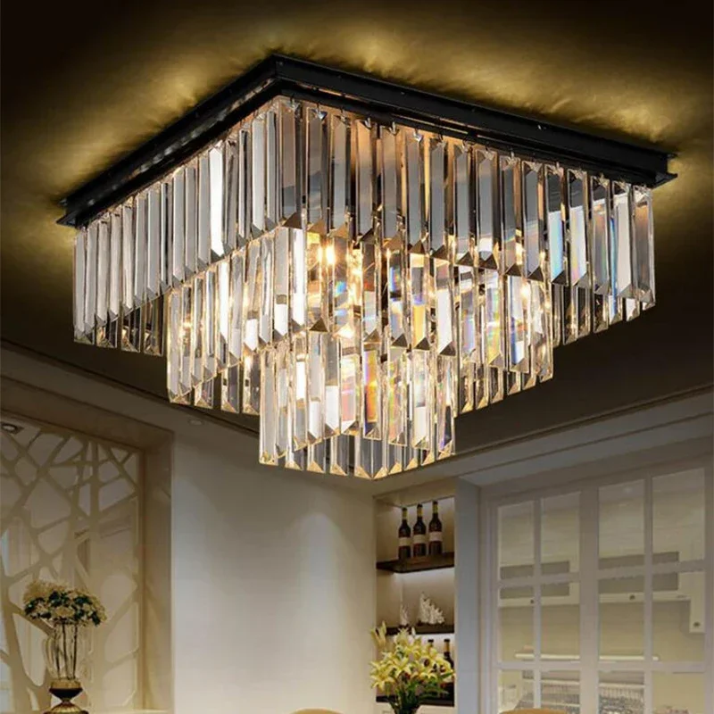 Morden  American Style Square LED Chandelier Nordic Light Luxury Modern Crystal Ceiling Lamp Dining Room Grand Home Decoration