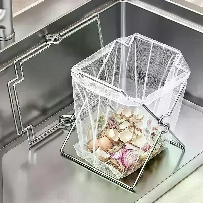 Collapsible Metal Garbage Bag Holder, Kitchen Countertop Trash Bag Support Rack, Portable Storage Organizer Stand