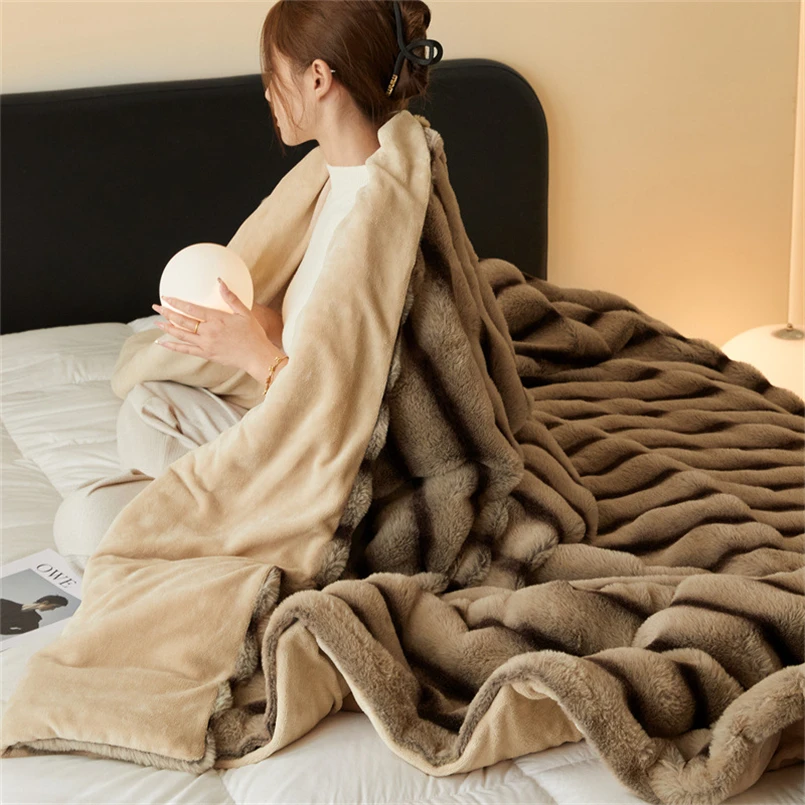 Light Luxury Rabbit Hair Thickened Double Layer Blanket Soft Skin-Friendly Milk Velvet Shawl Blanket Office Sofa Nap Blanket