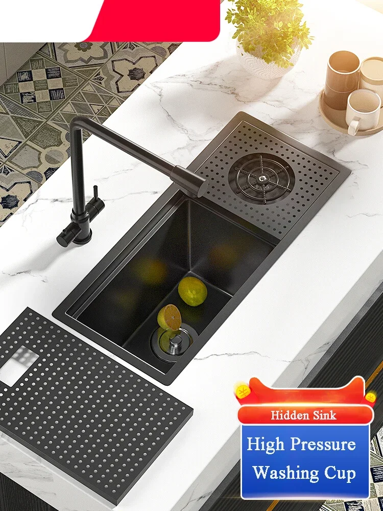 Hidden black Nano 304 Kitchen Single Bowl Bar Small Size Stainless Steel Balcony Concealed Black Bar Sink With Cover