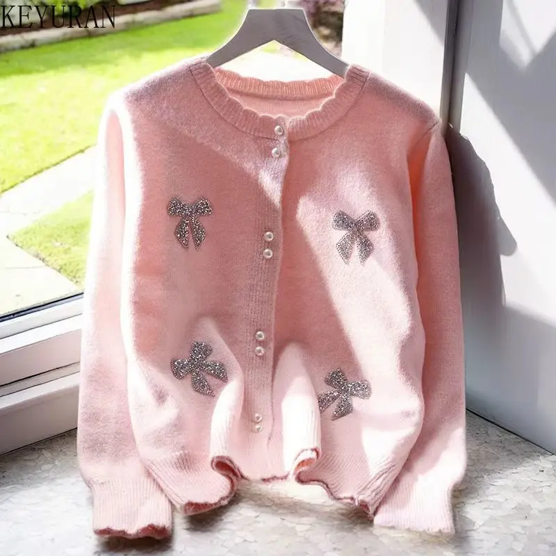 

Милый женский свитер с розовым бантом, весна-осень, новый корейский модный однобортный вязаный кардиган с круглым вырезом и пуговицами, пальто Mujer, джемпер