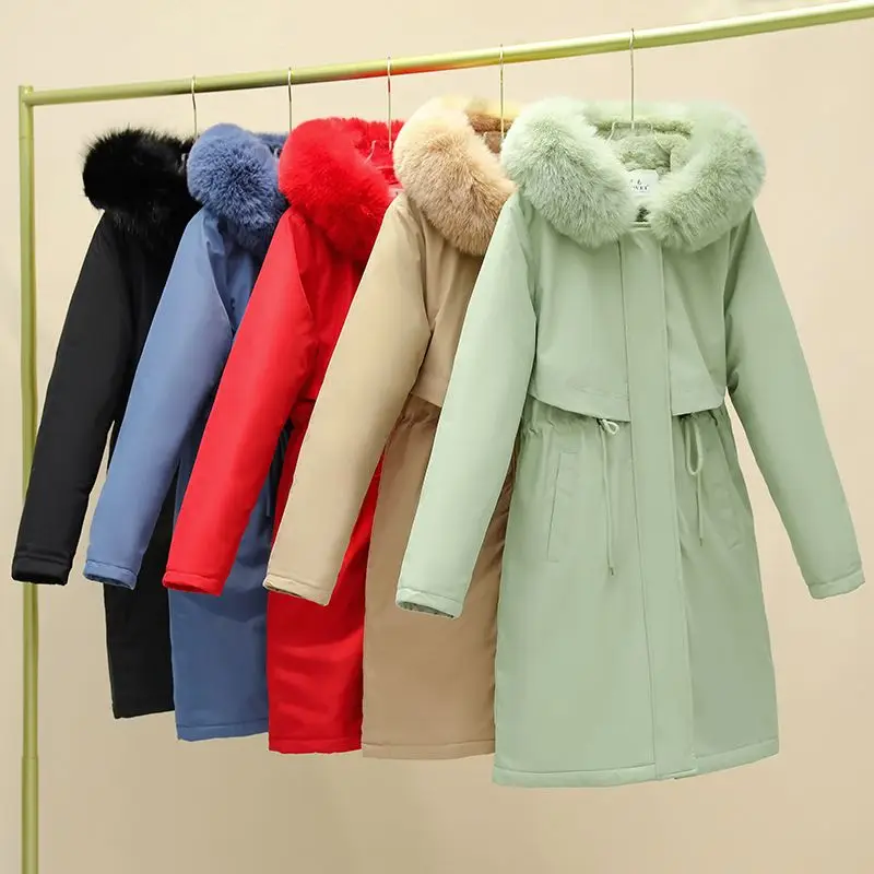 Winter Women Parka 2024 New Hooded Wool Liner Loose Fur Collar Zipper Pockets Warm Snow Wear Winter Padded Coat Jacket