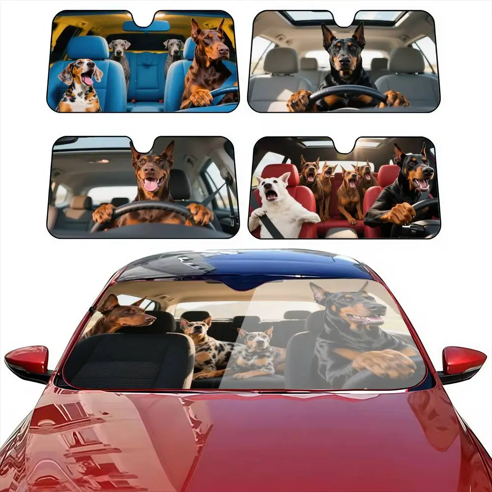 Funny Doberman Pinscher Dog Car SunShade Windshield Anti-UV Protection Front Sun Shade Protector Interior Cooling  for Vehicle
