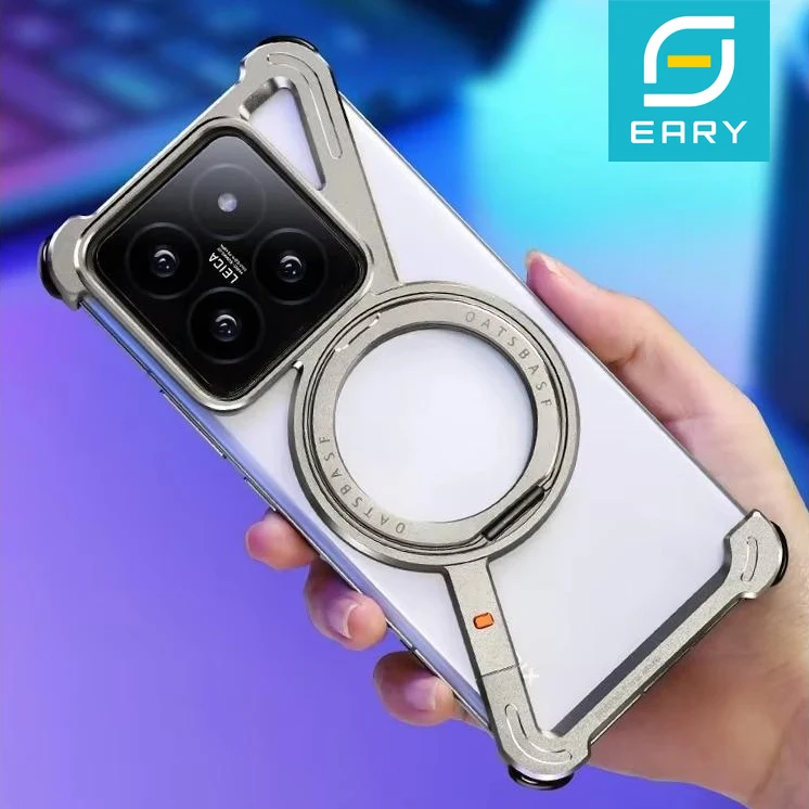 

Eary Metal Phone Case for Xiaomi 14/14Pro/14Ultra Magnetic Frameless Shockproof Protector Cover with 360° Rotatable Stand Shell