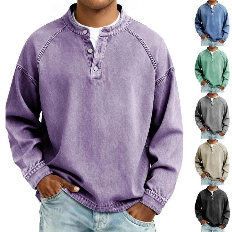 Men's Raglan Long Sleeve Henley Shirt Washed Denim Look Button Placket Stand Collar Pullover Casual Loose Fit Fall Top