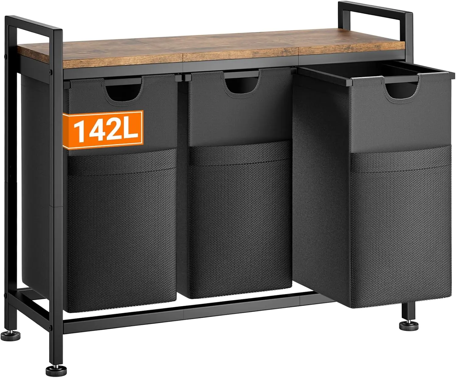 

3-секционный сортировщик белья с выдвижными сумками и верхней полкой, вместимость 142 л для организации комнаты