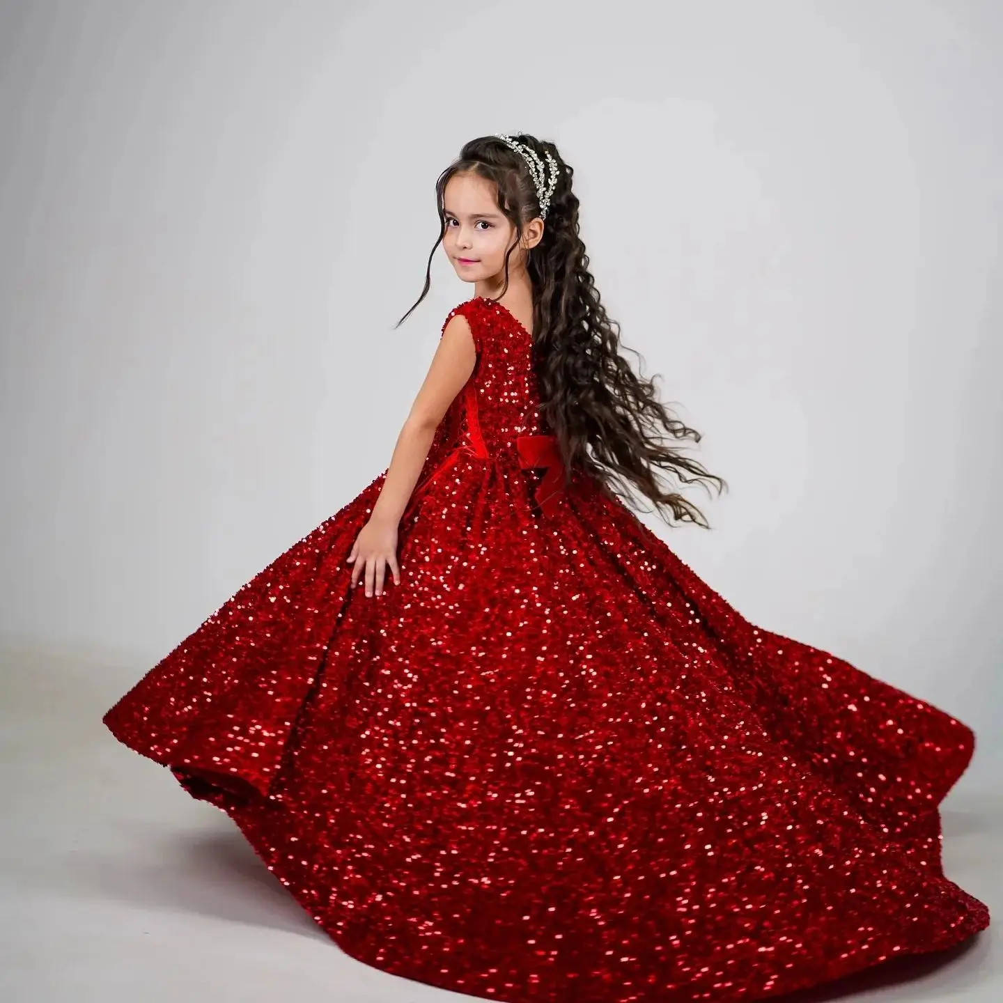 

Red Flower Girl Dresses for Wedding Sequins Floor Length Girl First Communion Kids Birthday Party Gown Party Dresses Customizd