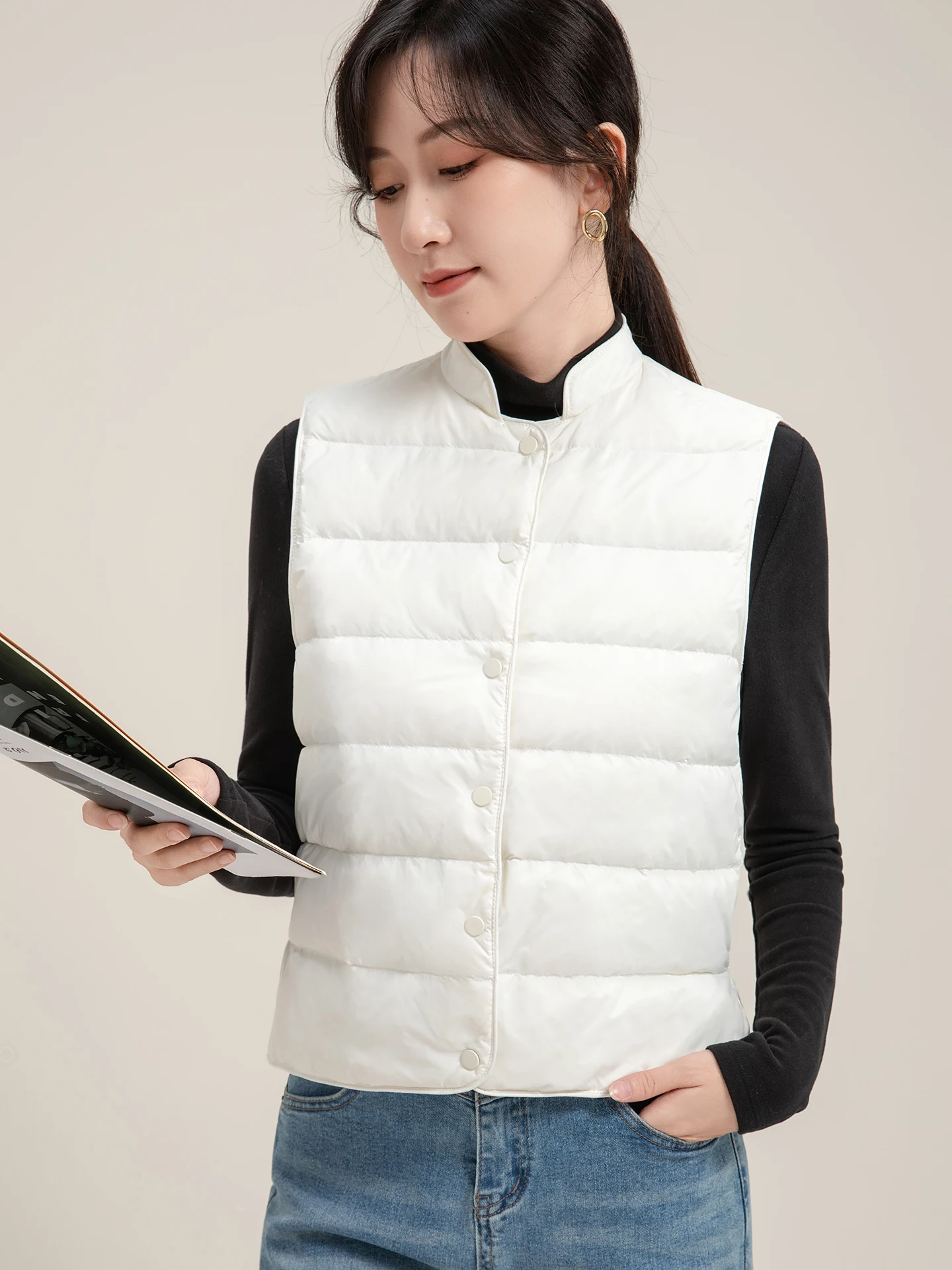 Or leve para baixo colete feminino sle 2025 outono novo simples facionable commute vento tubo reto branco du para baixo