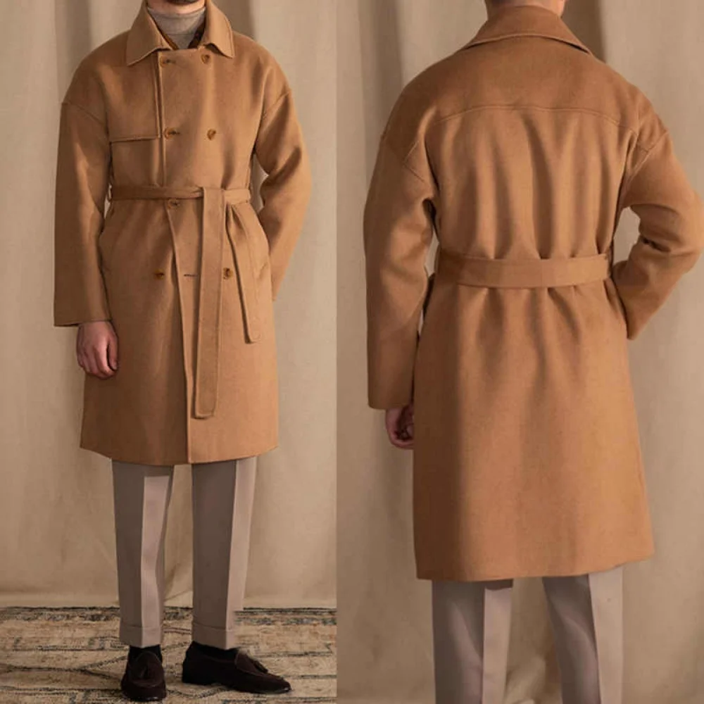 

Classic Men Overcoat 1 Pieces Double Breasted With Belt Autumn Winter Formal Business Occasion Outdoor Warm Customized