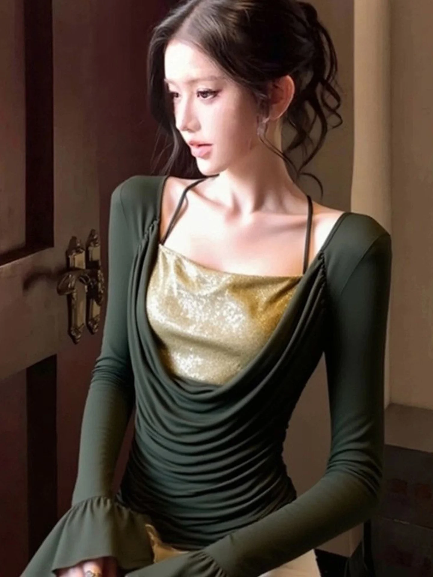 Unique Fashionable Long Sleeve Green Top Women's Base Layer Stylish Design Sense Fake Two-Piece Upper Body Slim Fit Korean Style
