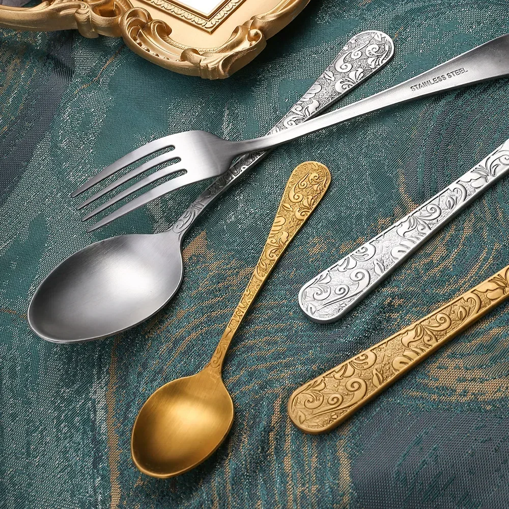 Elegant Western Tableware Set Golden Phoenix Pattern Stainless Steel Spoon and Fork Set Retro Relief Luxury Cutlery Home Decor