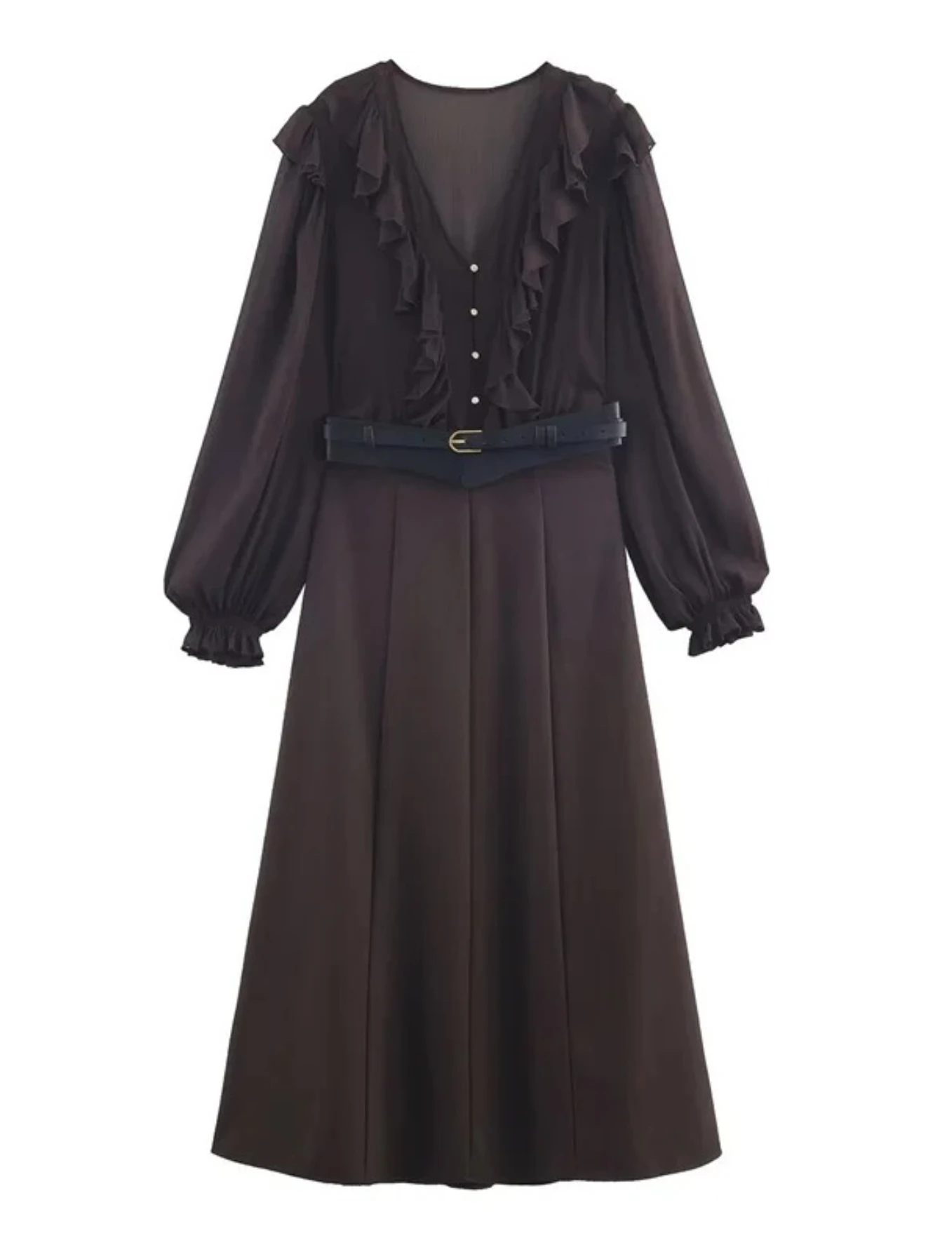 Vestido feminino outono novo vermelho-marrom manga comprida decote em v em camadas