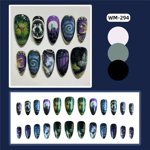 Imagen 2 del producto 24 Uds. De uñas postizas con estampado de almendras, diseño de Castillo de Luna y unicornio de fantasía, puntas de uñas postizas moradas Aurora, juego de manicura usable