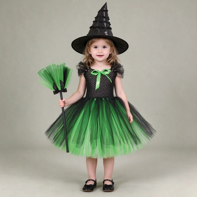 Green Black Witch Cosplay Costume for Girls Halloween Fancy Dress with Hat Broom Set Kids Magic Tutu Skirt Children Party Outfit