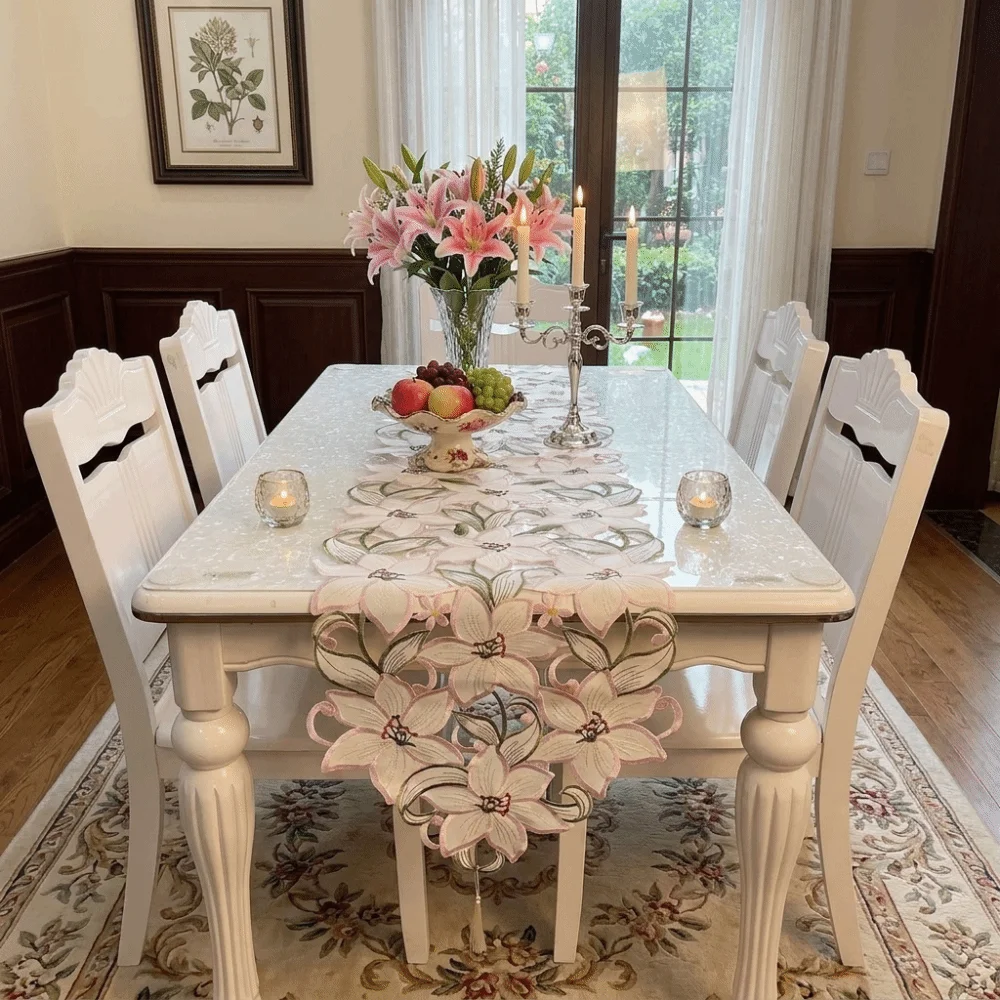 Long Strip Embroidered Table Runner Hollow Design European Style Flower Table Flag with Tassel Flower Table Mat Farmhouse
