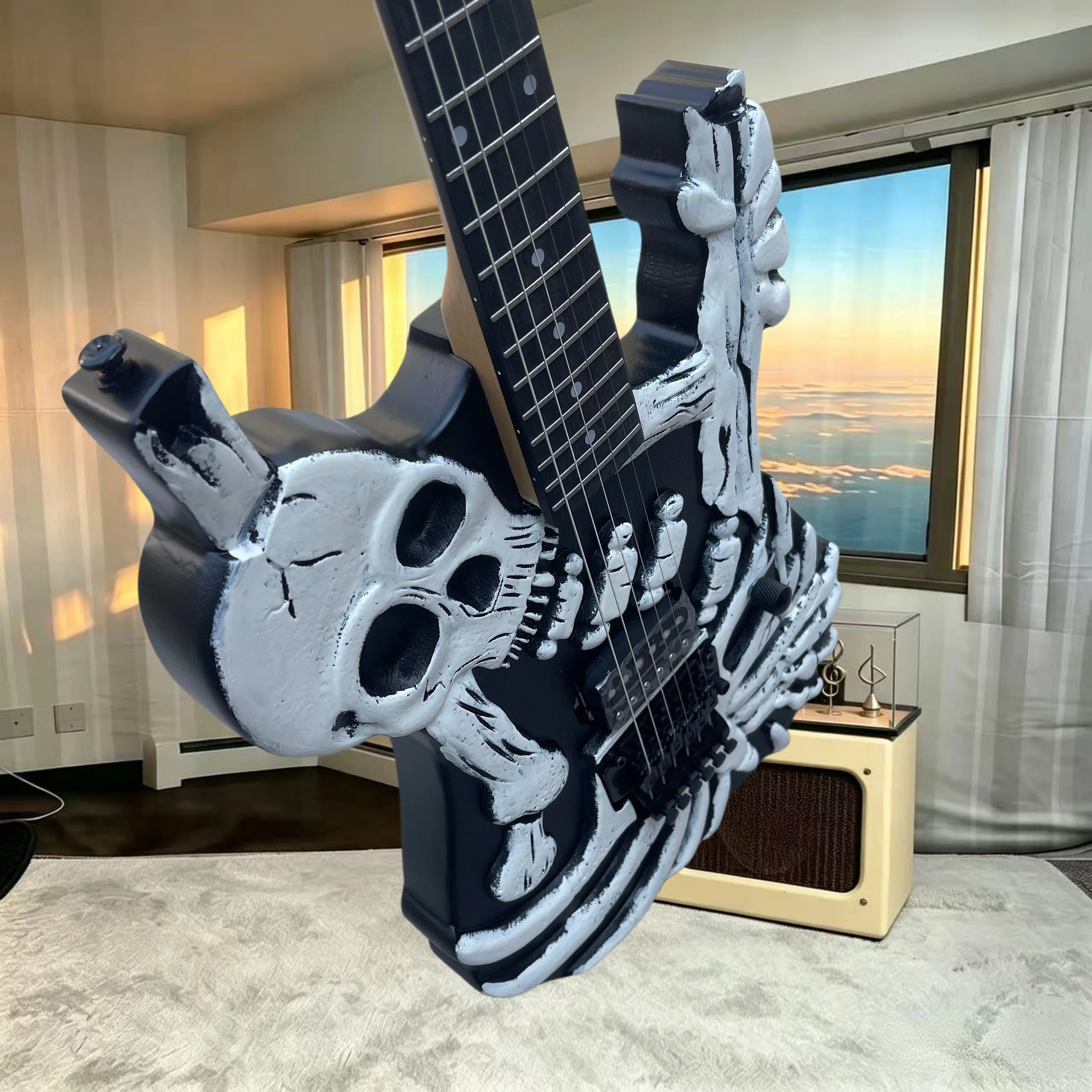 3D Skeleton Carved Custom Shape Electric Guitar HH Covered Humbuckers Black Double‑Locking Tremolo Death‑Metal Thrash Metal
