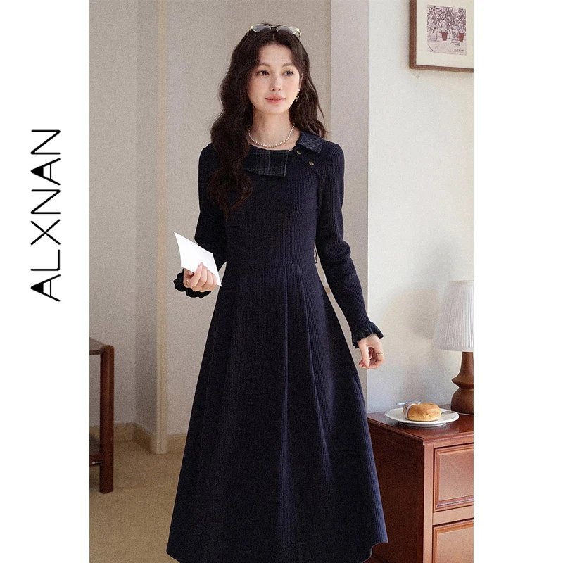 

ALXNAN Women's Dress Long Sleeve A-line Knit Dress Navy Blue Elegant Winter Vintage Casual Party Dress Female Clothing DYL662181