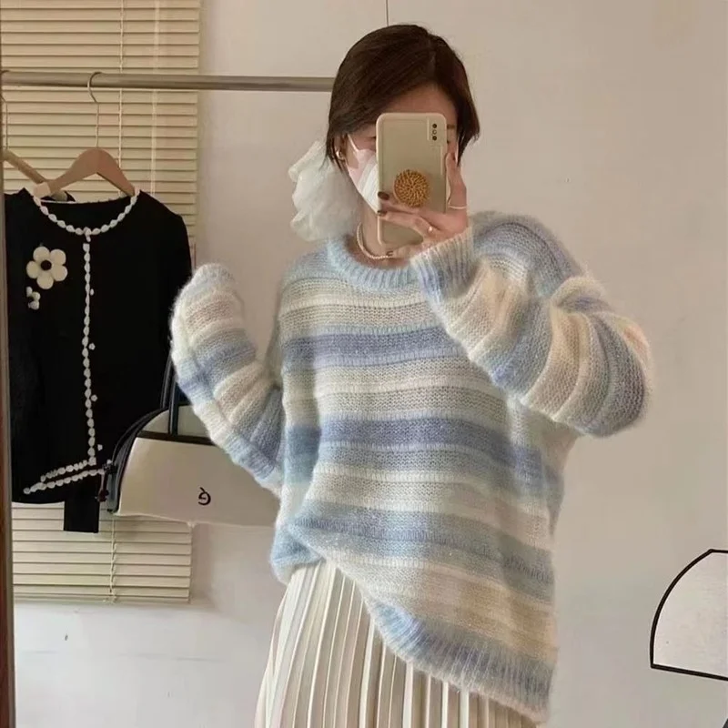 Hollow stripe pullover sweater gradient soft waxy wind sweater loose and thin high-end long-sleeved knitted pullover sweater top