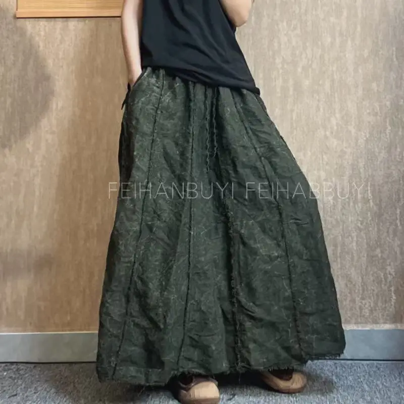 Falda larga informal holgada con cintura elástica para mujer, estilo artístico, Vintage, Tie Dye, de algodón y lino, de alta calidad, F79, primavera y verano