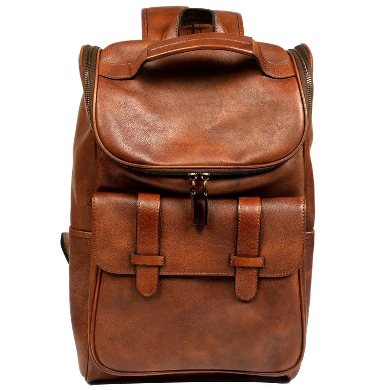 Retro trend handmade genuine leather backpack for men and women, top layer vegetable tanned cowhide double shoulder bag