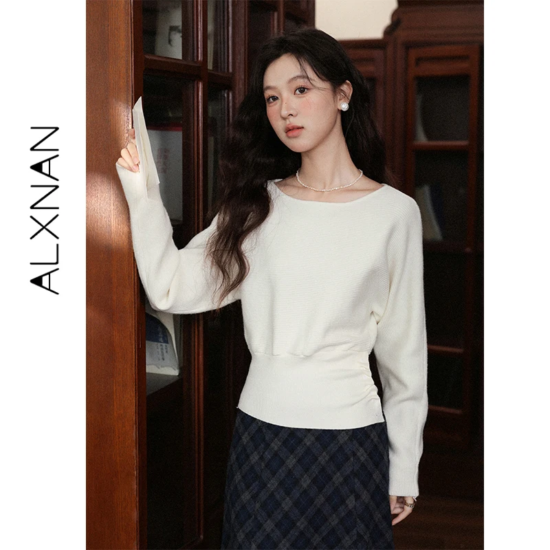 

ALXNAN белый трикотаж с длинными рукавами, пуловеры с разрезом на шее, заниженными плечами и талией, осенние простые многослойные зимние свитера L58662