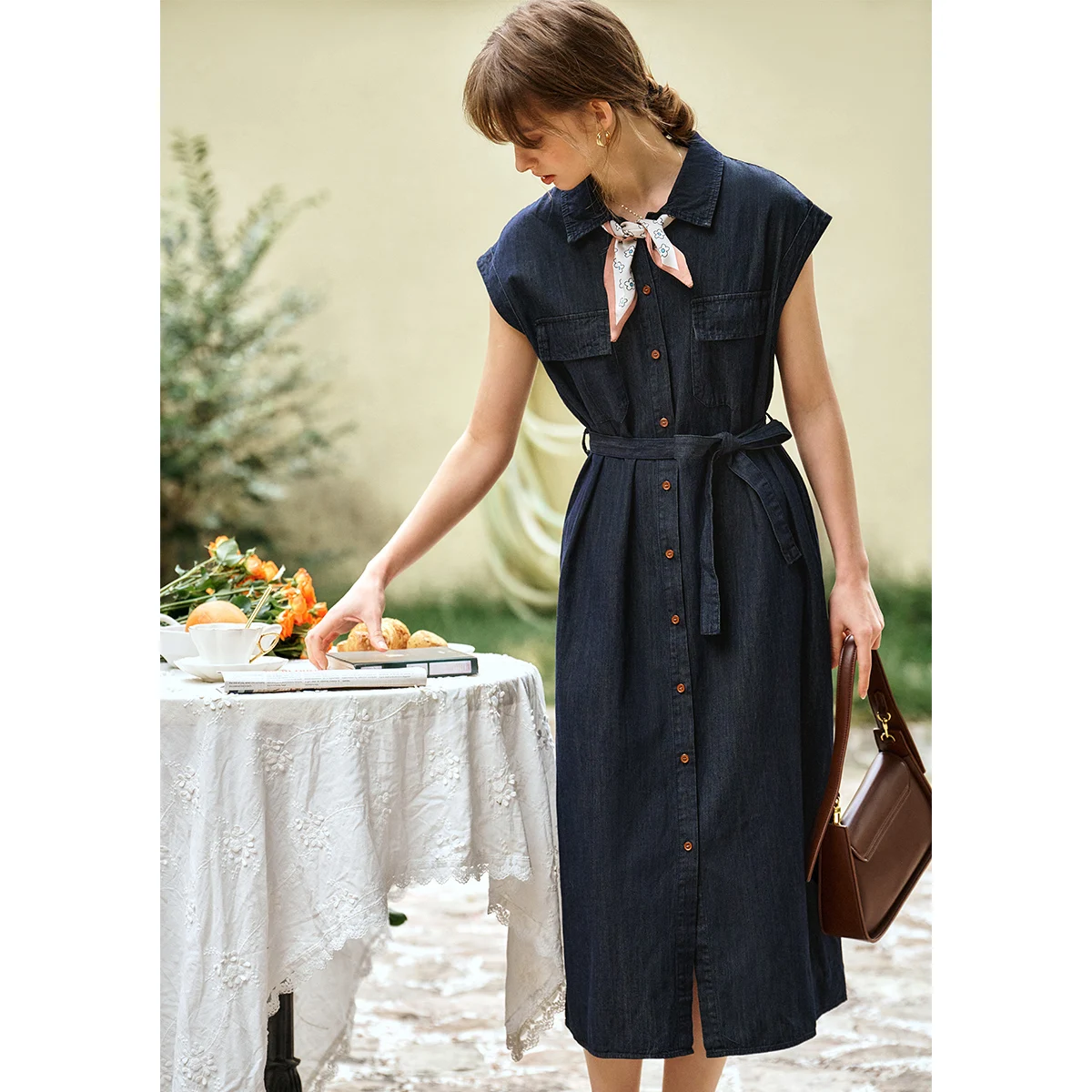 OLrain Sommer-Jeanshemd-Kleider 2025, Frau 2025, Baumwollmischung, Denim, kurze Ärmel, Gürtel, Midi-Kleider, Damenbekleidung, O57XL93539