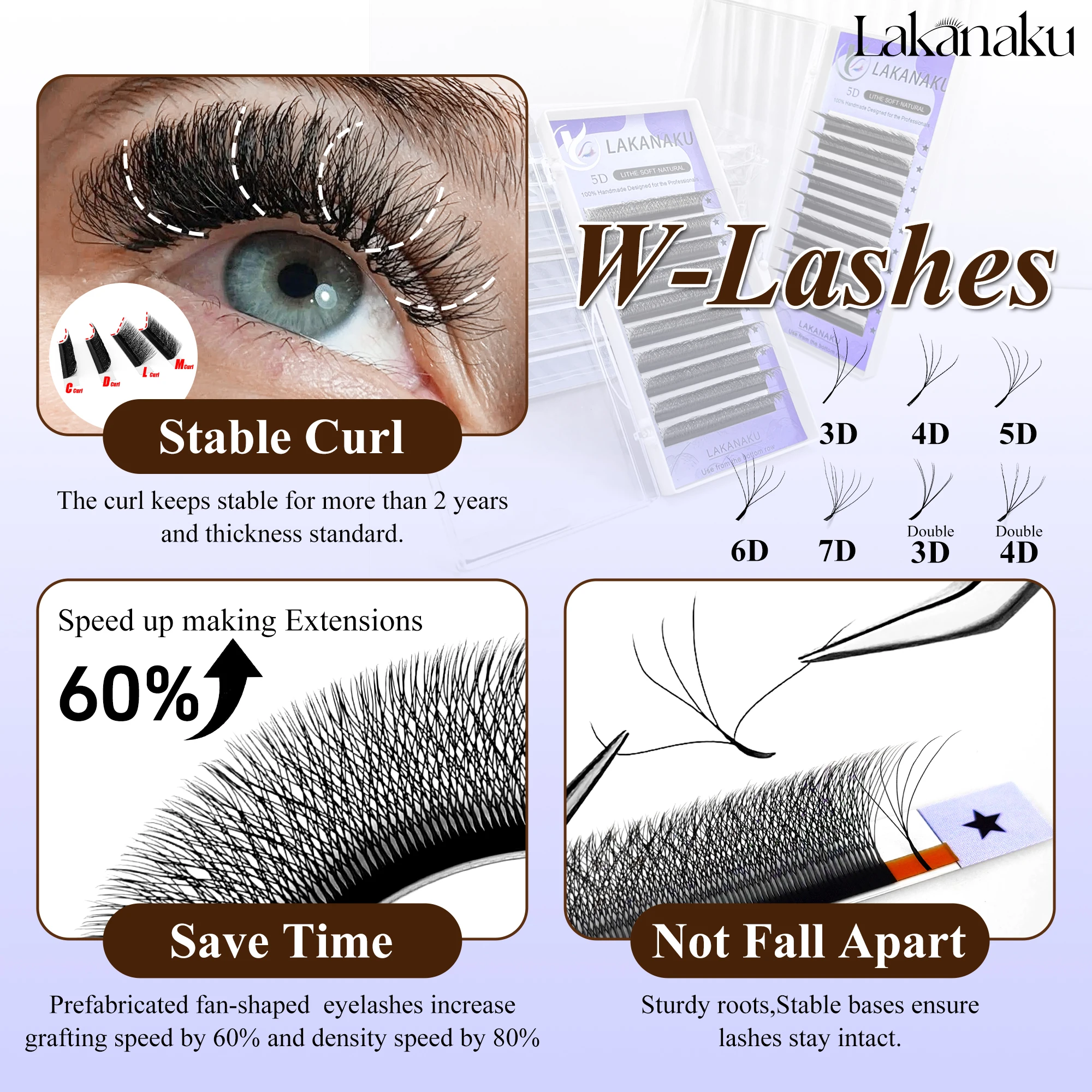 LAKANAKU Cilios C D DD M L Curl YY 3D 4D 5D 6DW Lashes Flower W Shaped Premade Volume Fans Russian Eyelash Extensions