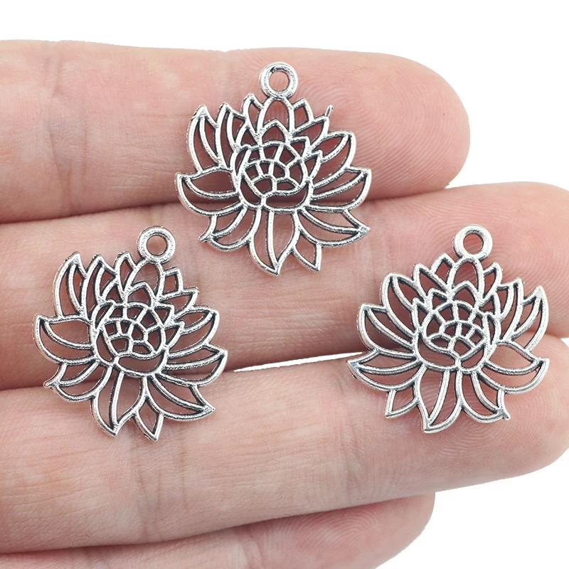 

20pcs/lot 20*22 mm Flower Charm Alloy Antique Silver Color Hollow Lotus Charms Necklace Pendant For DIY Jewelry Making