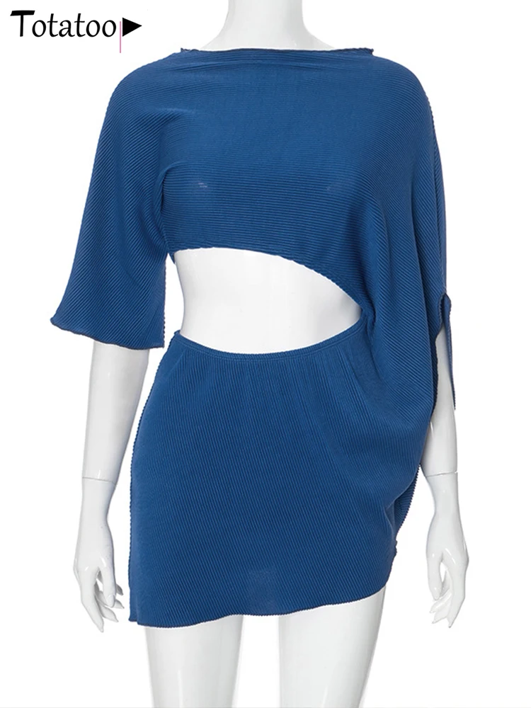 Totatoop Cut Out Batwing Ärmelloses Minikleid für Frauen 2024, Rundhalsausschnitt, gerafftes Kleid, Vintage-Party, Blau, Vestidos, Bürodame