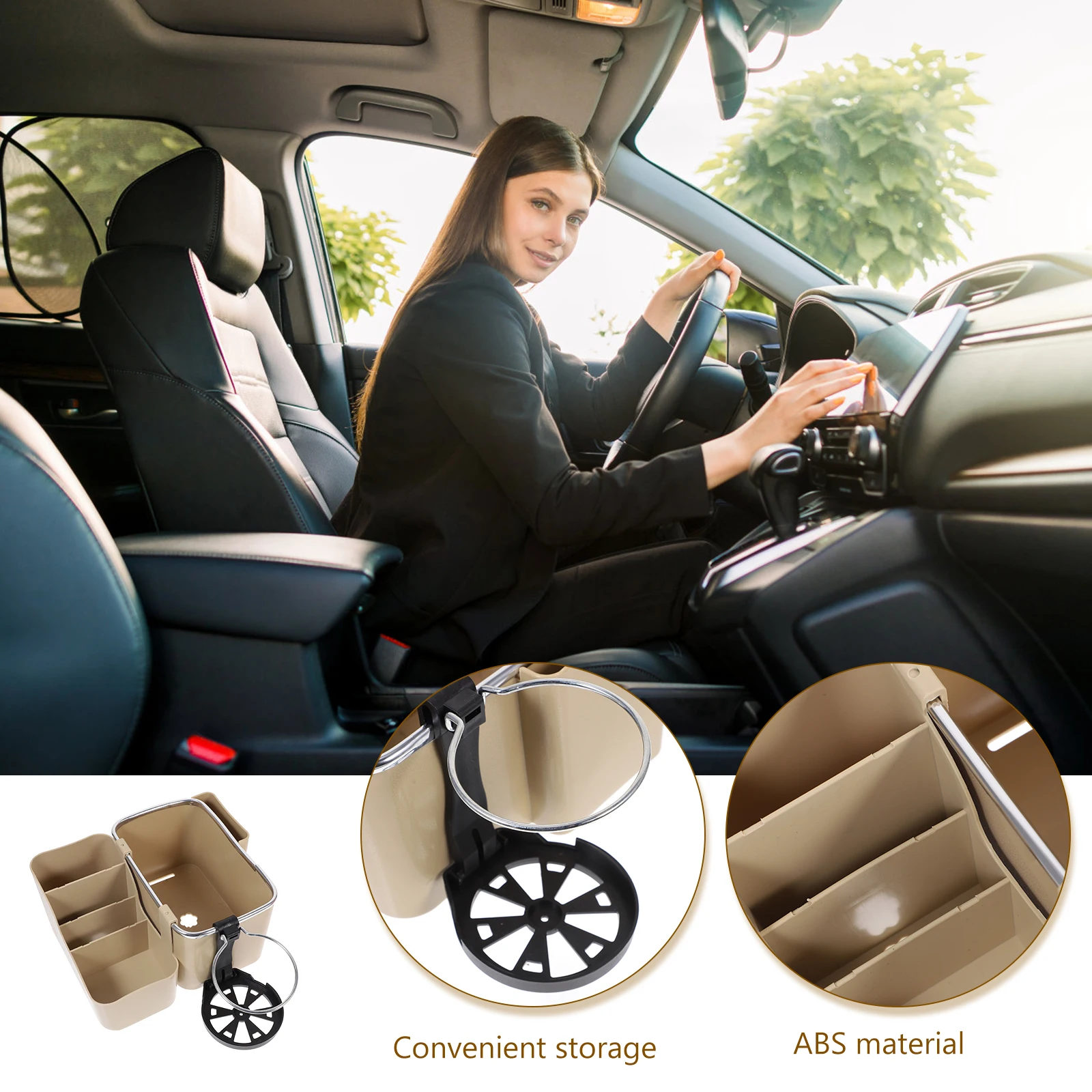 

Car Storage Box Center Console Organizer Armrest With Lid Beige Multi Purpose Cup Holder Phone Stand Lightweight Foldable