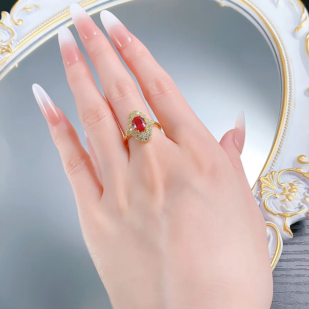 Vintage 18K Gold Plated 925 Sterling Silver 6*8mm Blood Ruby Rings for Women Gemstone Cocktail Party Fine Jewelry Birtyday Gift