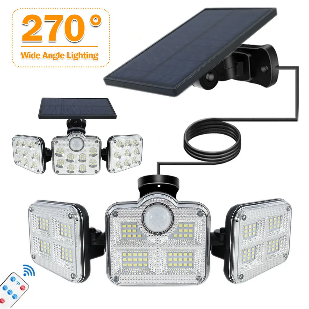 

Motion Sensor Solar Lights Outdoor Lighting 3 Head 270 Angle Wall Lamp Spotlight For Garage Garden Street Light Remote Control