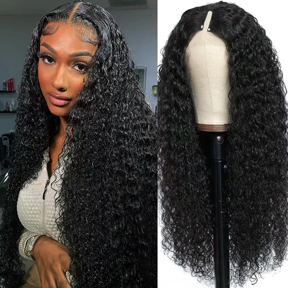 

32-дюймовый парик с V-образным вырезом, длинный кудрявый парик из натуральных волос, машинной работы, без необходимости оставлять свои волосы, парик с V-образным вырезом, парик с глубокими волнами для женщин, плотность 200%