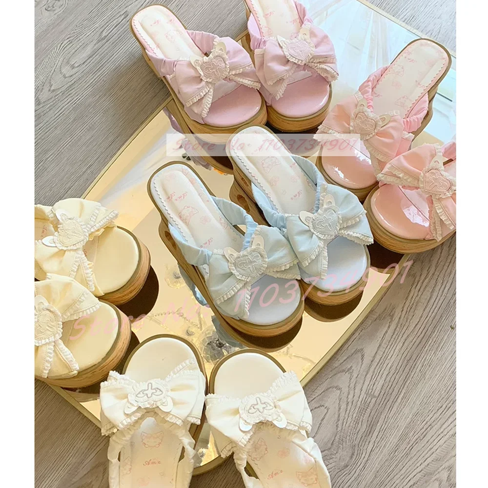 Bowknot Lolita Sweet Heart Slippers Women Lovely Casual Thick Soled Outside Comfy Mid Heels Shoes Trendy EVA Wood Pattern Mules