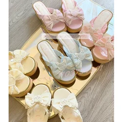 Bowknot Lolita Sweet Heart Slippers Women Lovely Casual Thick Soled Outside Comfy Mid Heels Shoes Trendy EVA Wood Pattern Mules