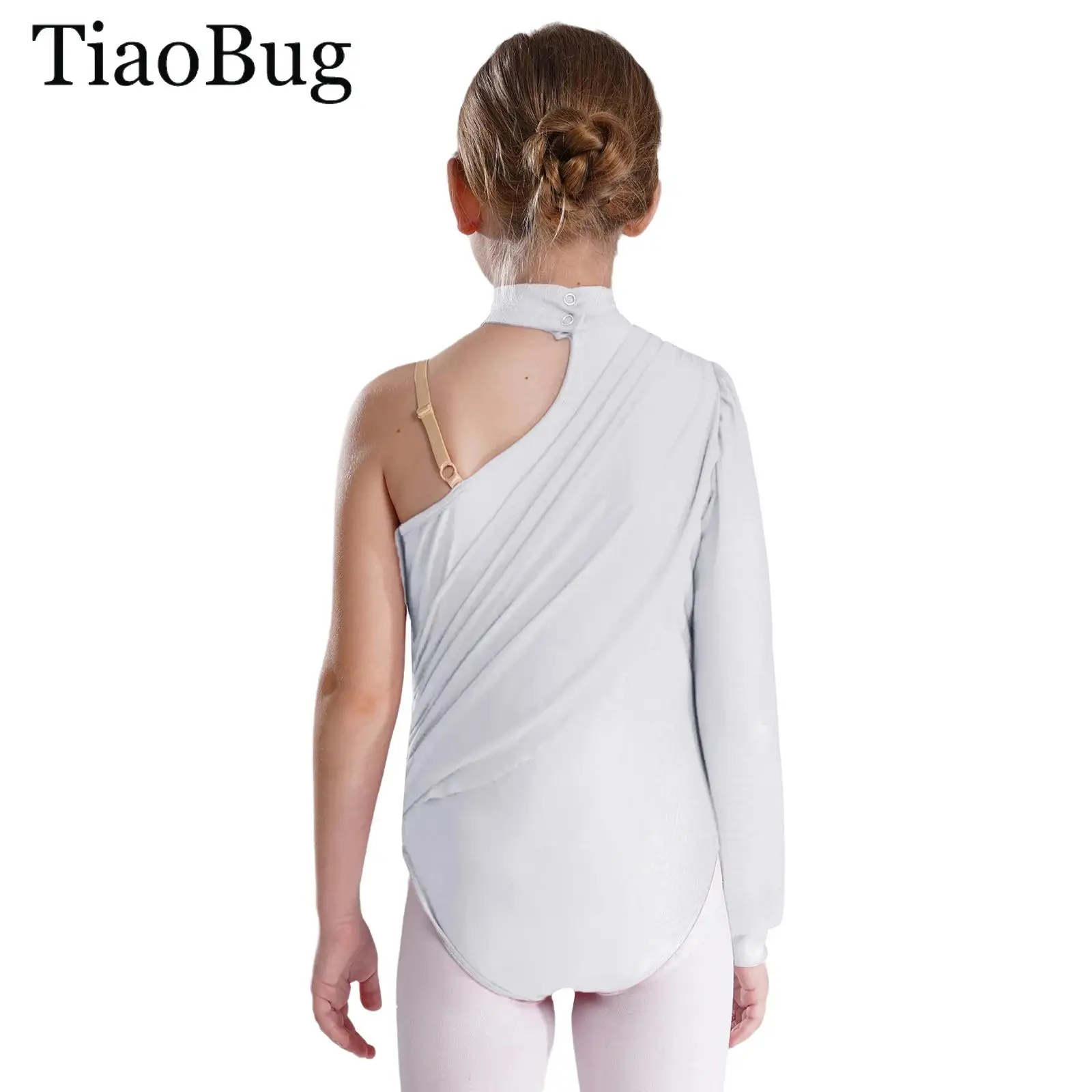 

Girls Figure Skating Gymnastics Dance Outfit One Shoulder Long Sleeve Ruched Mesh Leotard Bodysuits +Shorts Ballet Jersey