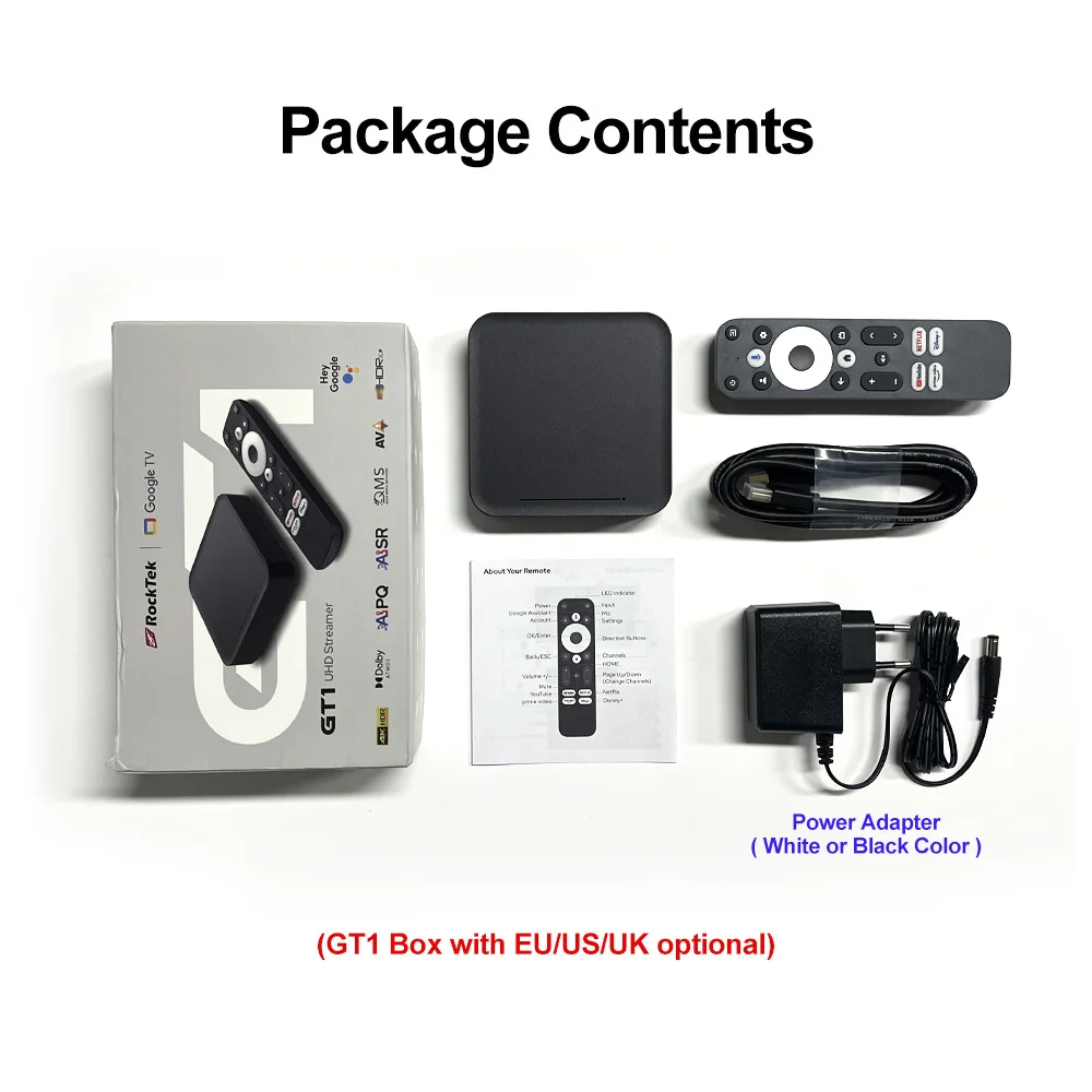 RockTek GT1 UHD TV Box Certificado Google 2GB 32GB Realtek1325 A55 Edge AI Suporte Dolby Atmos 2T2R Wifi5 BT5.2 Android Box TVBOX