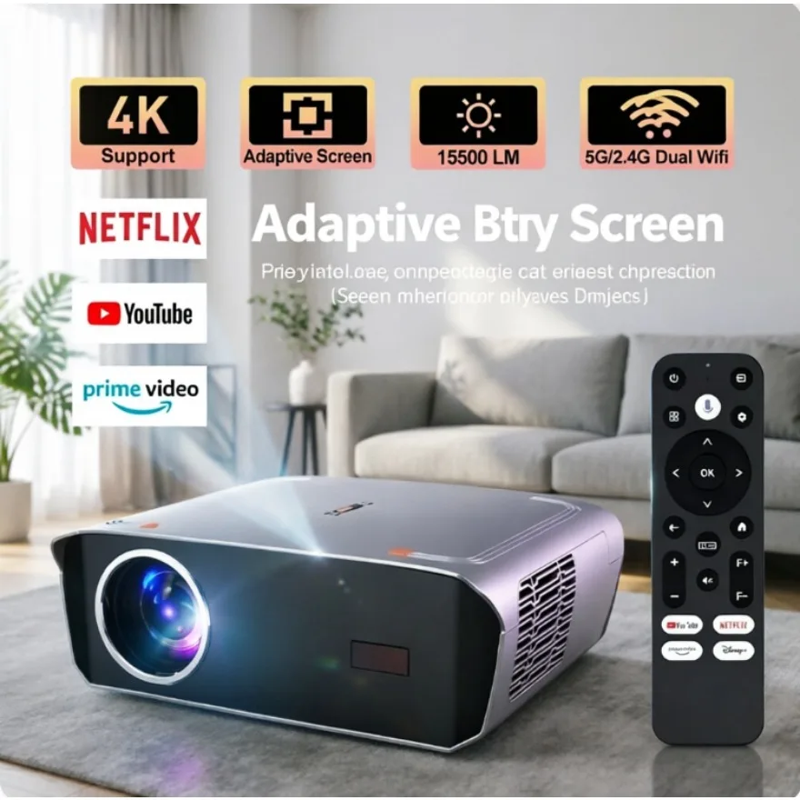 Proyector CAIWEI A9G Certificado por Google, 1550ANSI, Android 11, Chromecast, 4K HDR10, Proyector de Video LCD LED, Control Remoto por Voz BT, NFC