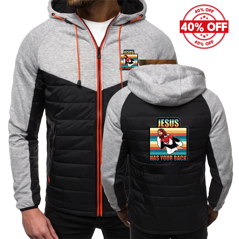 سترة رجالية بغطاء للرأس بألوان متباينة لعام 2025 سترة رجالية لربيع وخريف يسوع لديها ظهرك جيو جيتسو شعار مسيحي عتيق مطبوع معطف من النوع الجديد #6
