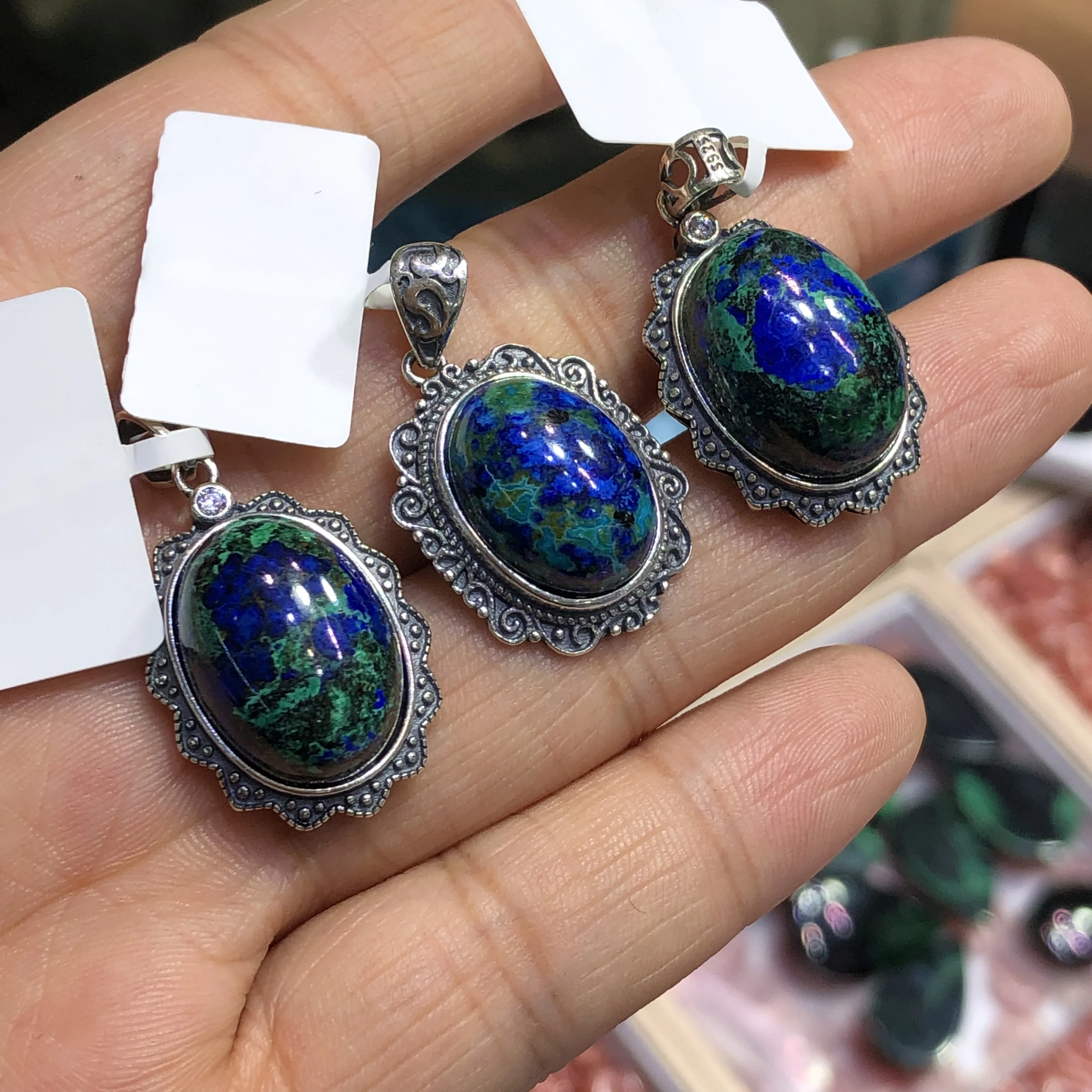 

1 Pc Fengbaowu Natural Azurite Oval Cabochon Pendant 925 Sterling Silver Reiki Healing Stone Jewelry Gift For Women Men