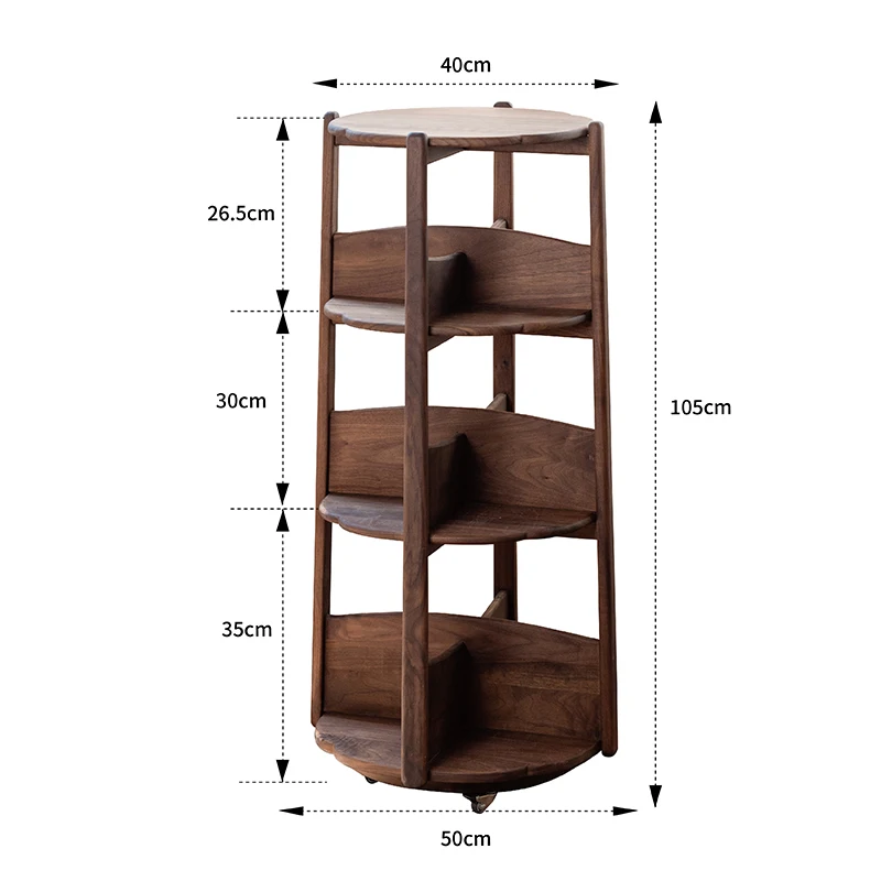 

Modern light luxury North American black walnut rotating bookshelf Solid wood special-shaped shelf Living room floor corner disp