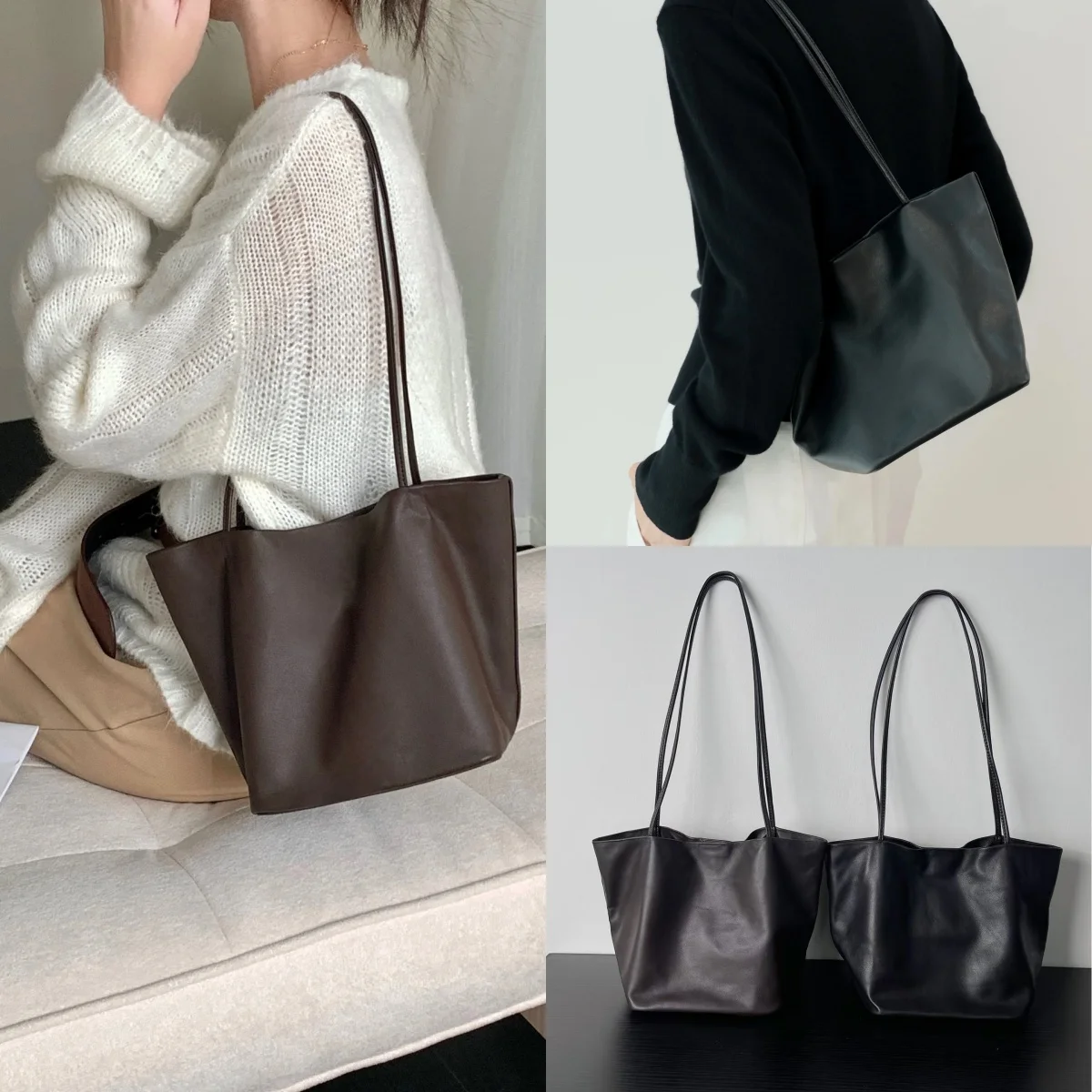 New Top-grain Sheepskin Women Hobo Underarm Bag Simple Fashion Tote Bag Genuine Leather Relaxed-style Korean-style Shoulder Bag