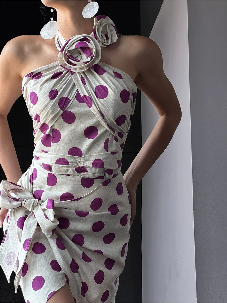 

TANAWARREN Vintage Polka Dot Tie Flower Top Multiple Wear Ne Hanging ort Linen Blend Silk Summer Crop Strap Women's Vest