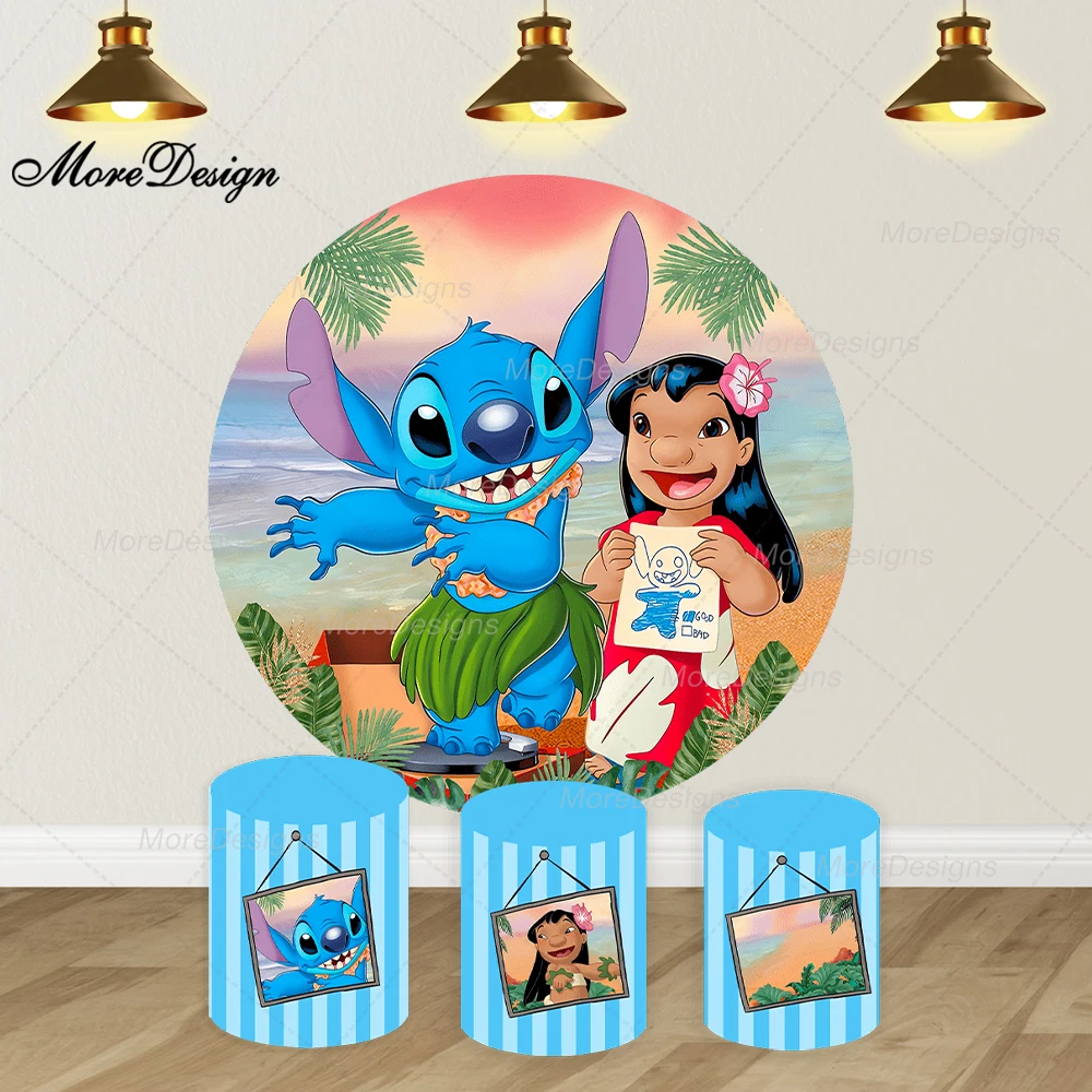 Disney Lilo & Stitch Photo Backdrop Kids Birthday Party Sunset Photo Frame Round and Cylinder Covers Photography Background