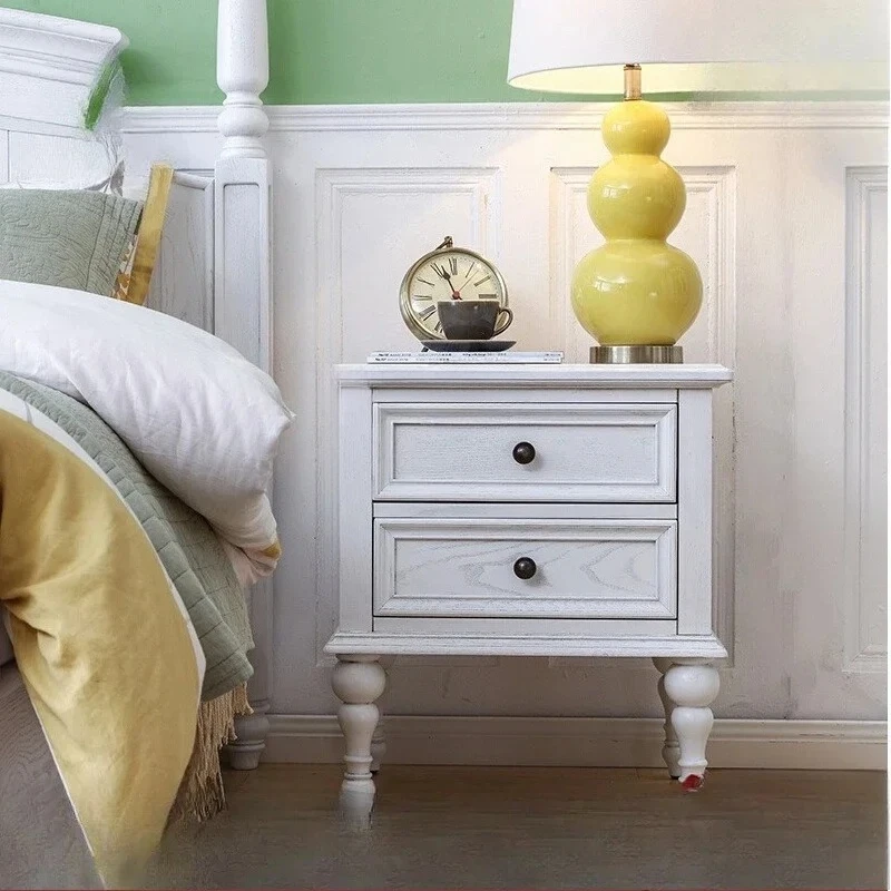 Американская римская колонна цвета слоновой кости с двойным ящиком, прикроватная тумбочка из массива дерева, мебель для спальни, прикроватная тумбочка из ясеня