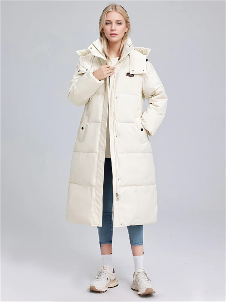 Thicken Winter Down Jacket Woman New Long Coat Oversize Hooded Big Pockets Zipper Warm Down Coat Woman Winter Overcoat