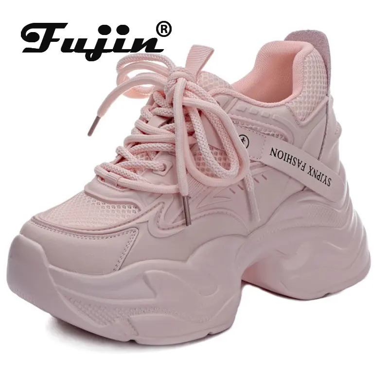 

Fujin 8cm Air Mesh Genuine Leather Chunky Sneakers Vulcanized Summer Breathable Hidden Heels Platform Wedge Hollow Casual Shoes