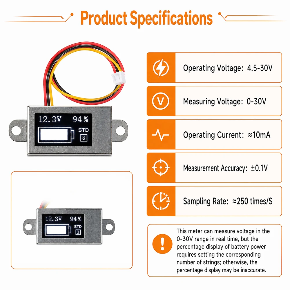 DC 0-30V Ultra-Dünnes Digitales Voltmeter & Batteriemessgerät 0,5-Zoll-OLED-Display Spannungstester 1-6S Einstellbarer Batterie-Ladestandsprüfer – Detail 6